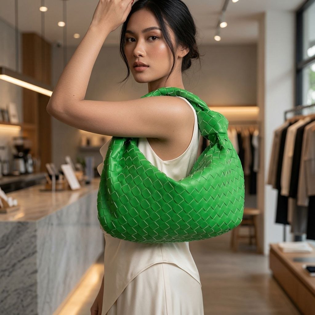 THB-10LG LIGHT GREEN YAZA HIGH QUALITY LEATHER WOVEN DESIGNER HANDBAG