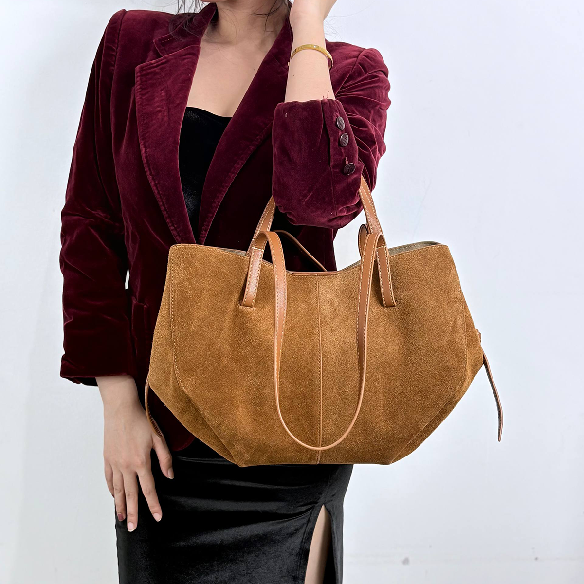 MPL-01SCM SUEDE LEATHER SOTI CARAMEL COLOR HIGH QUALITY GRAINED LEATHER TOTE BAG